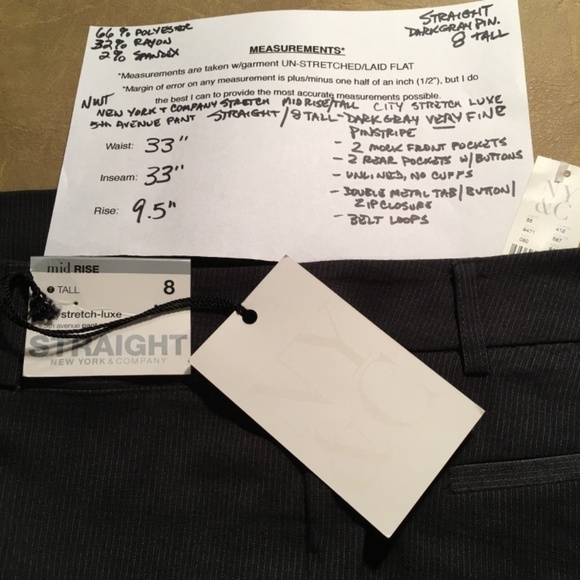 NEW YORK & COMPANY STRETCH 5th Ave. Pant, NWT, DARK GRAY PINSTRIPE, 8 TALL - Picture 9 of 9